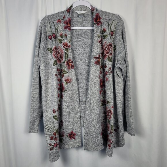 CJ Banks Open Front Jacket Women's Size 14W Gray with Pink Floral Design - Picture 1 of 11